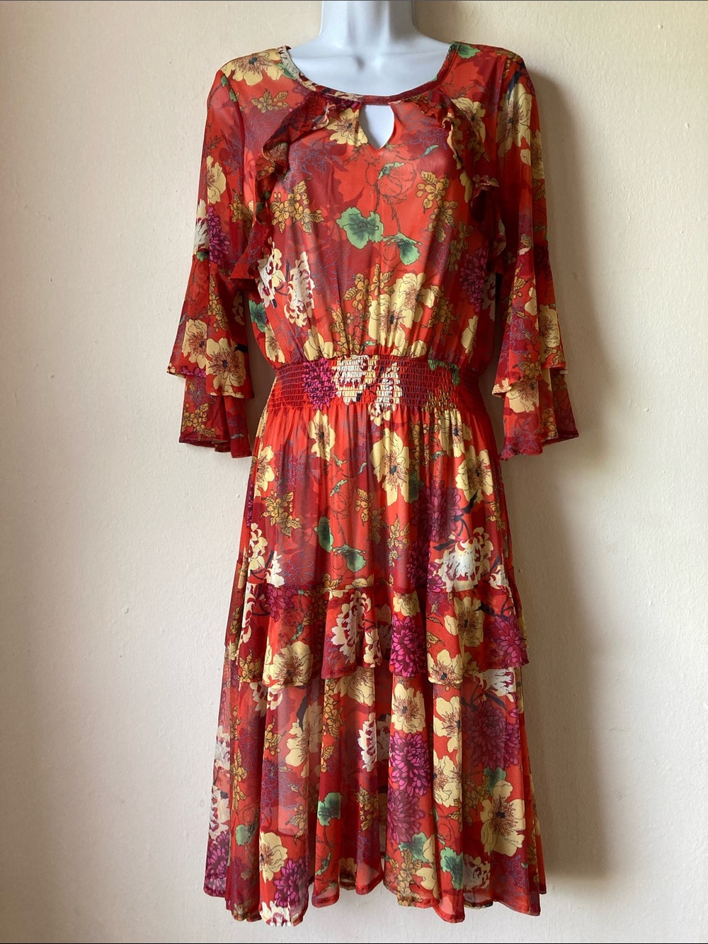 Reba Free Spirit micro mesh tiered ruffle dress Small